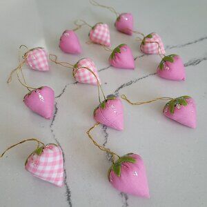 hand made fabric pink & checkered glitter strawberry hanging ornament Christmas